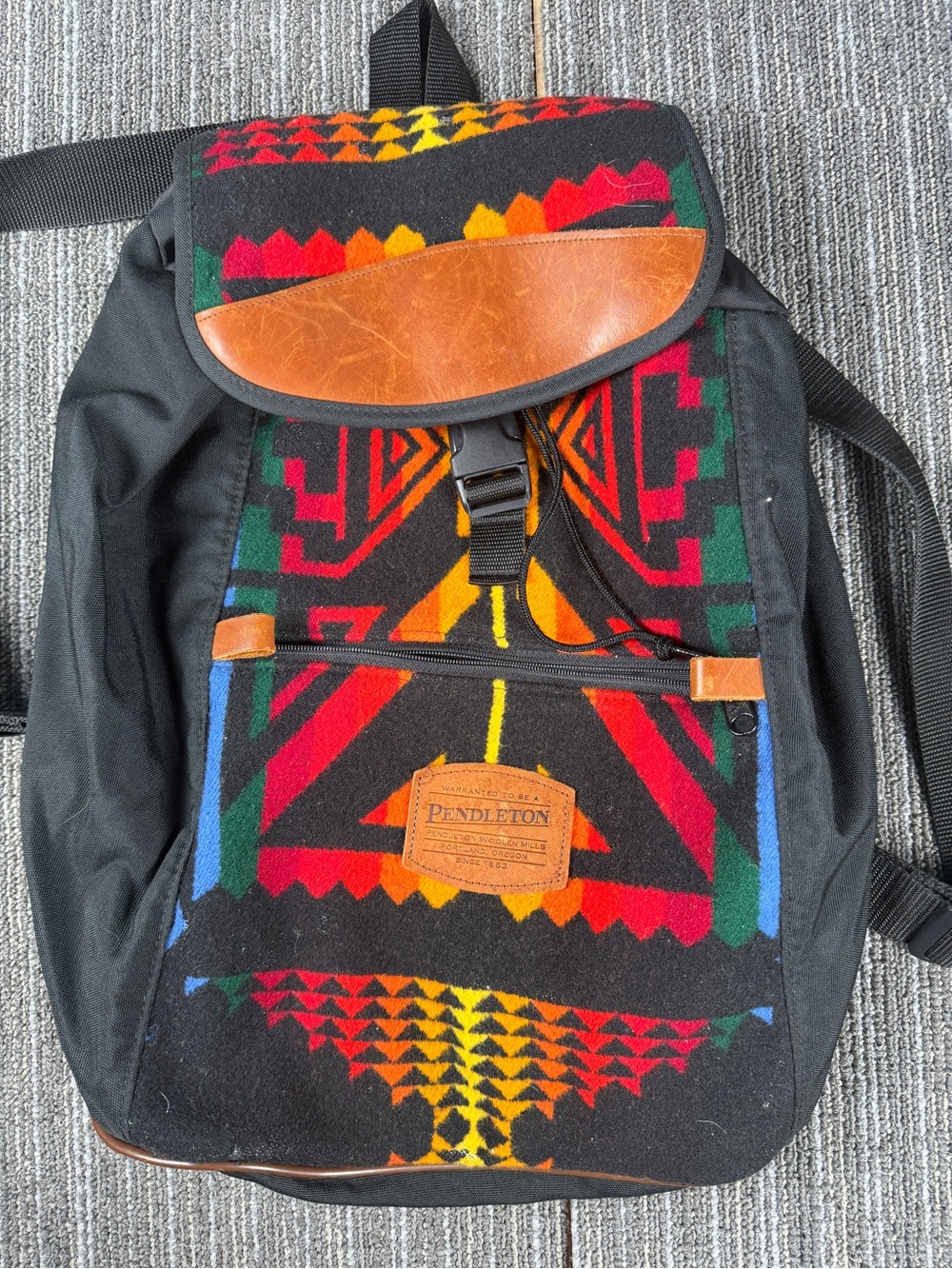 Pendleton Black Southwestern Wool Pattern Backpack with Leather Trim